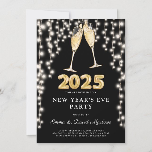 New Year's Eve Party 2025 Champagne String Lights  Invitation (Front)
