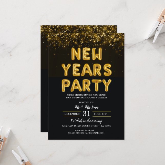New Year's Eve Party Black and Gold Invitation (Front/Back In Situ)