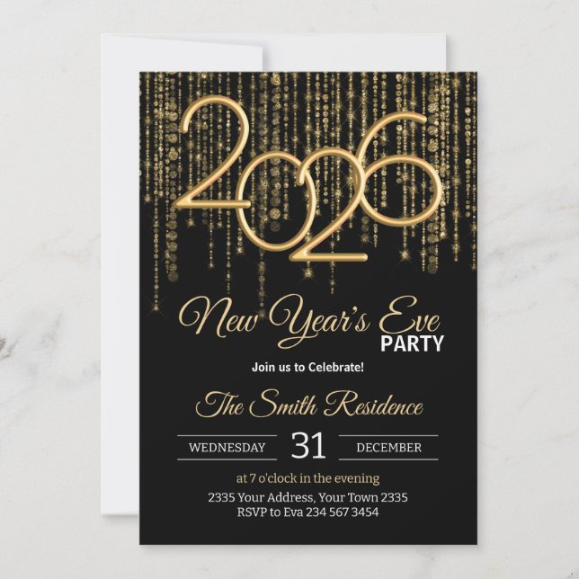 New Year's Eve Party Black & Gold Confetti Invitation (Front)