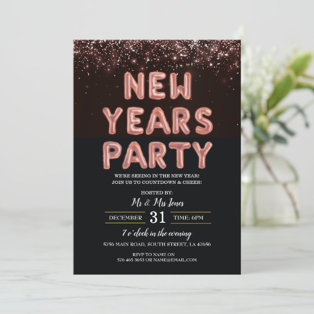 New Year's Eve Party Black Rose Gold Invitation (Standing Front)
