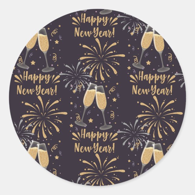 New Years Eve Party Champagne Fireworks  Classic Round Sticker (Front)