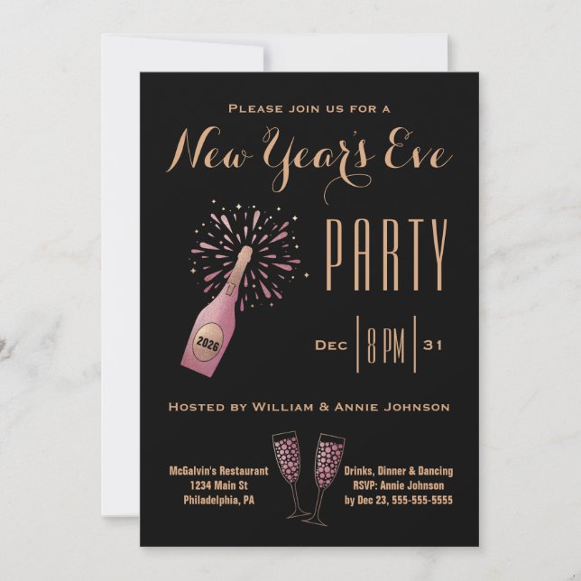New Year's Eve Party Champagne Gold Black Pink Invitation (Front)