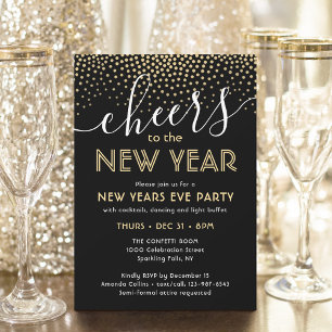 New Years Eve Party Cheers Black and Gold Confetti Invitation