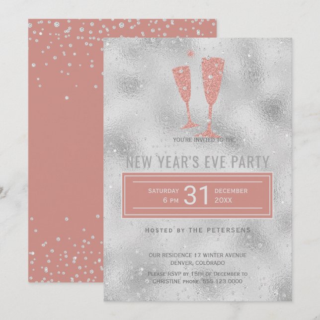 New Year's Eve Party Classy Elegant Silver Blush Invitation (Front/Back)