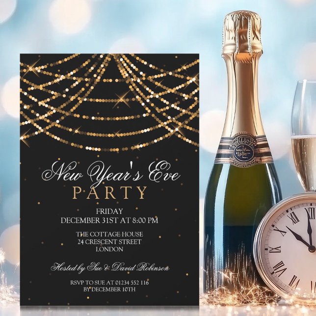 New Years Eve Party Festive String Lights Gold Invitation (New Years Eve Party Festive String Lights Gold Invitation)