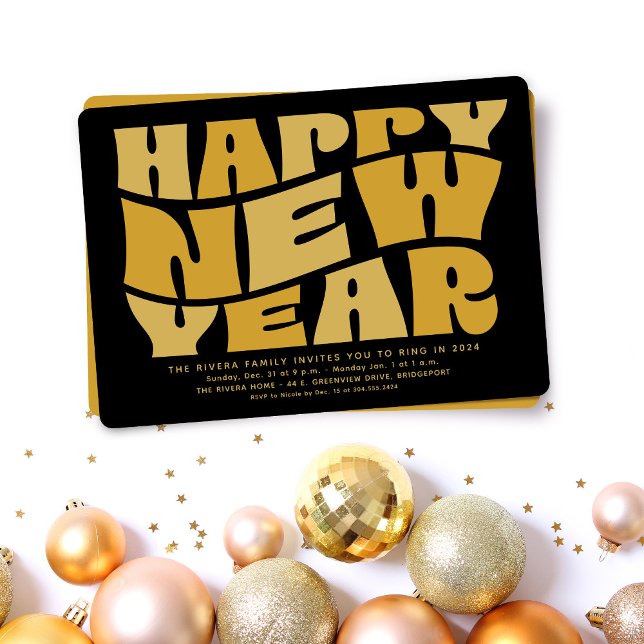 New Year's Eve party fun trendy retro black gold Invitation (Creator Uploaded)