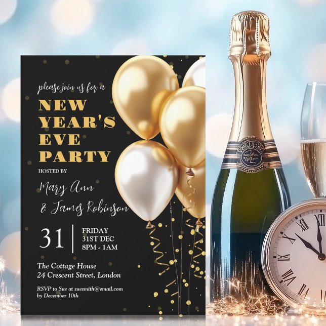 New Years Eve Party Gold Confetti Balloons Black Invitation (New Years Eve Party Gold Confetti Balloons Black Invitation)