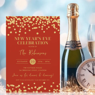 New Years Eve Party Gold Glitter Confetti Red Invitation