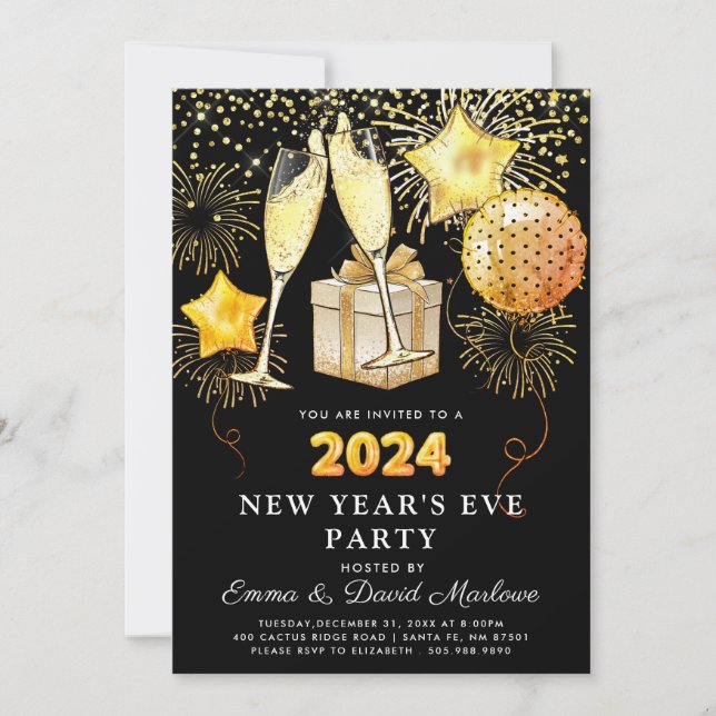 New Year's Eve Party Gold Glitter On Black  Invitation (Front)