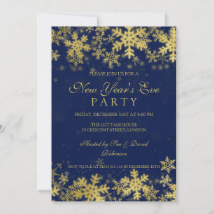 New Years Eve Party Gold & Navy Blue  Snowflakes Invitation