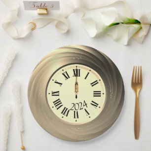 New Year's Eve Party Golden Clock Strikes Midnight Paper Plate