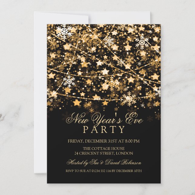 New Years Eve Party Holiday String Lights Gold Invitation (Front)