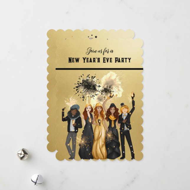New Year's Eve Party Invitation Black and Gold (Front/Back In Situ)