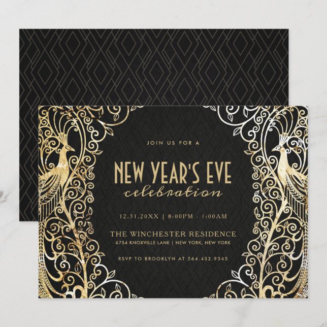 NEW YEAR'S EVE PARTY INVITATION | Golden Peacock (Front/Back)