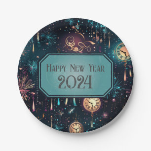 New Year's Eve Party Plates-Colourful Clock Design Paper Plate