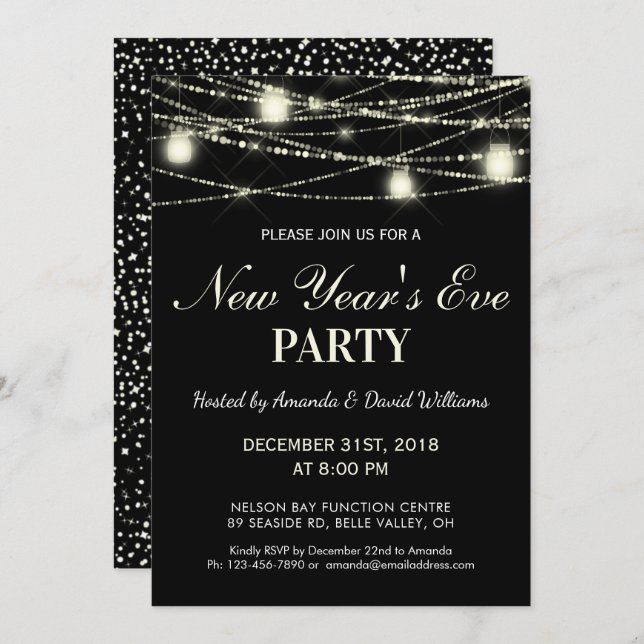 New Years Eve Party String Lights Jars Black Invitation (Front/Back)