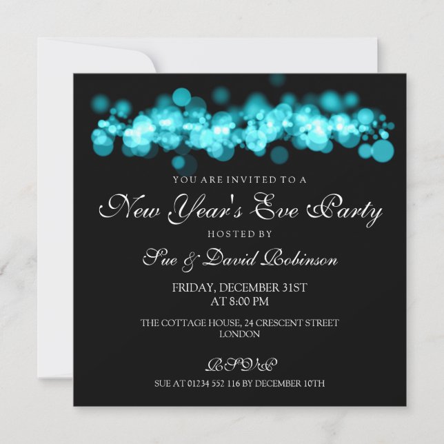 New Year's Eve Party Turquoise Bokeh Lights Invitation (Front)