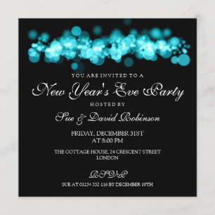 New Year's Eve Party Turquoise Bokeh Lights Invitation