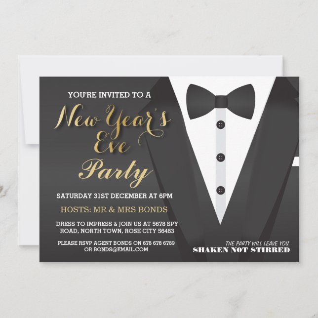 New Year's Eve Party Tuxedo Bow Tie Dinner Invite (Front)
