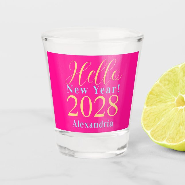 New Year's Eve Personalized Hot Pink Party Favour Shot Glass (Front)