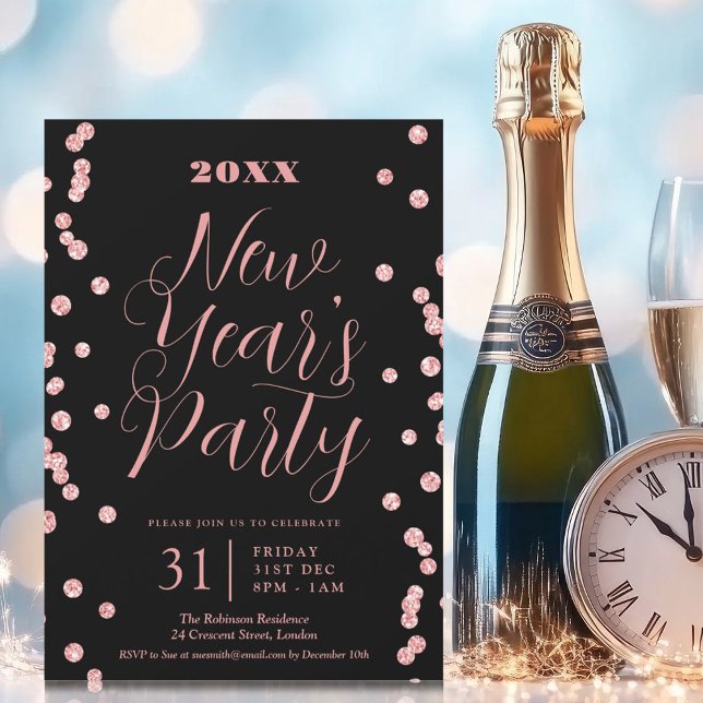New Years Eve Rose Gold Glitter Confetti Black Invitation (New Years Eve Rose Gold Glitter Confetti Black Invitation)