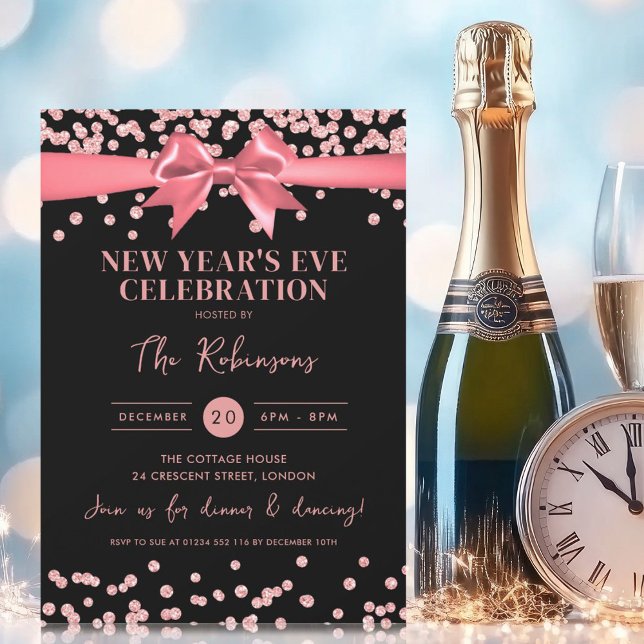 New Years Eve Rose Gold Glitter Confetti Bow Black Invitation (New Years Eve Rose Gold Glitter Confetti Bow Black Invitation)