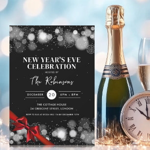 New Years Eve Silver Black Winter Wonder Red Bow Invitation