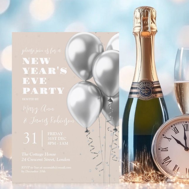 New Years Eve Silver Confetti Balloons Champagne  Invitation (New Years Eve Silver Confetti Balloons Champagne Invitation)