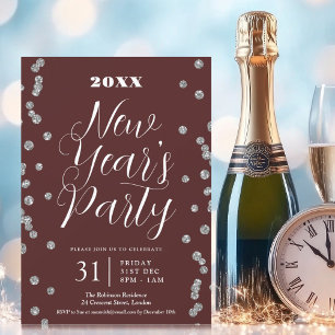 New Years Eve Silver Glitter Confetti Burgundy Invitation