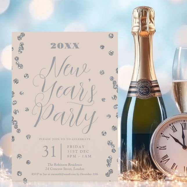 New Years Eve Silver Glitter Confetti Champagne  Invitation (New Years Eve Silver Glitter Confetti Champagne Invitation)