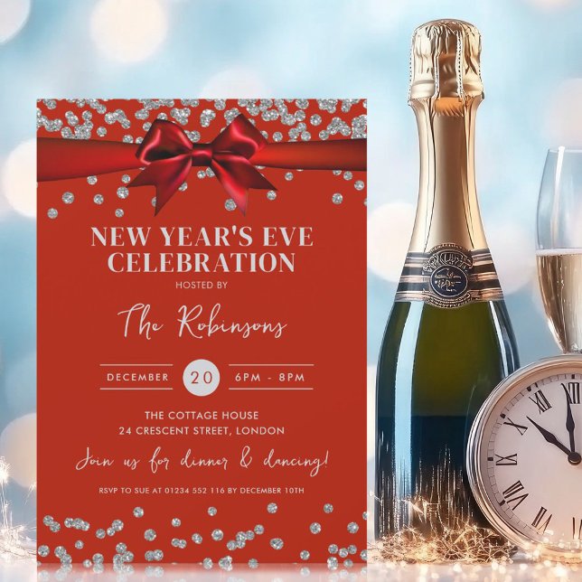 New Years Eve Silver Glitter Confetti Red Bow  Invitation (New Years Eve Silver Glitter Confetti Red Bow Invitation)