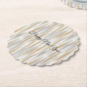 New Year's Eve Silver Gold Stripes Celebration Paper Coaster