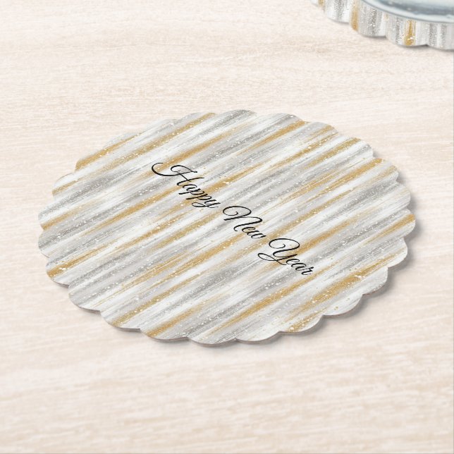 New Year's Eve Silver Gold Stripes Celebration Paper Coaster (Angled)