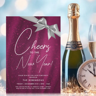 New Years Eve Silver Pink Sparkle Sequin Bow Invitation
