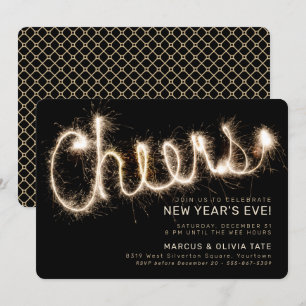 New Year's Eve Sparkler Cheers   Black & Gold Invitation