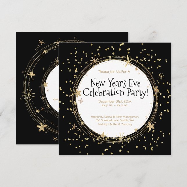 New Year's Eve, Stars, Black Gold, Party Invitation (Front/Back)