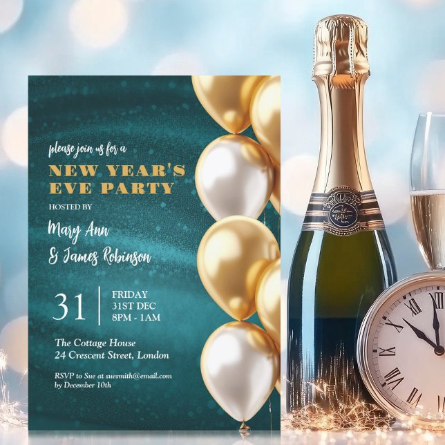New Years Eve Teal Gold Shimmer Sequin Balloons Invitation (New Years Eve Teal Gold Shimmer Sequin Balloons Invitation)
