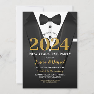 New Year's Eve Tuxedo Suit Gold Black Bow Tie Invitation