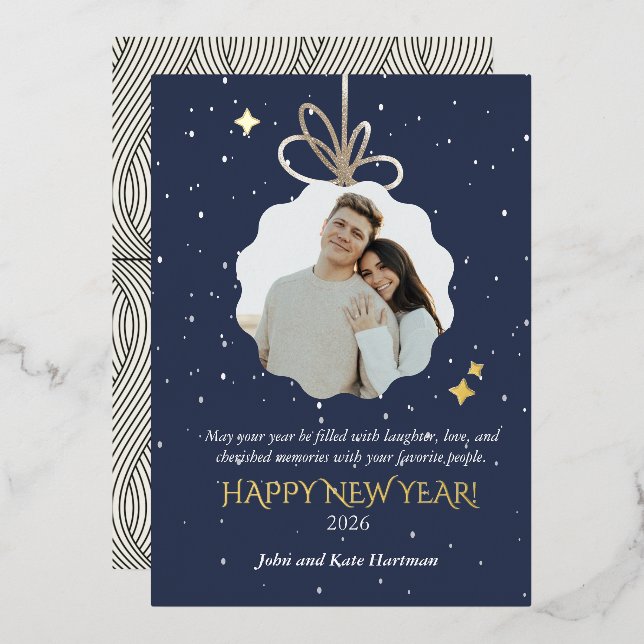 New Years Foil Greeting Card with Photo Ornament (Front/Back)