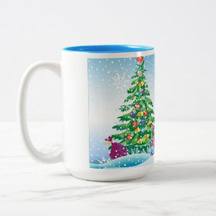 New Year's gifts on a background of blue sky and s Two-Tone Coffee Mug