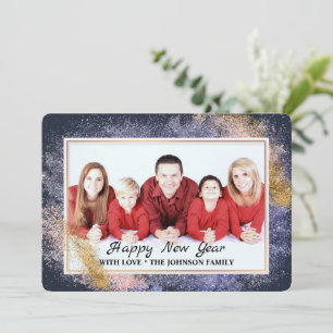 New Years Gold Glitter Family Photo Holiday Card