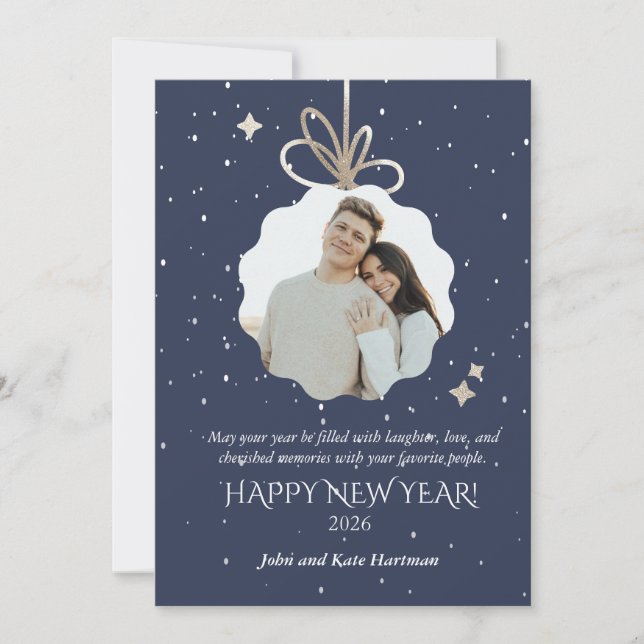 New Years Greeting Card with Photo Ornament (Front)