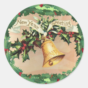 NEW YEARS GREETINGS & HOLLY by SHARON SHARPE Classic Round Sticker