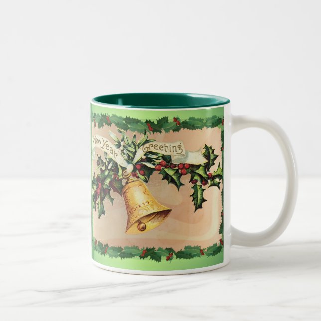 NEW YEARS GREETINGS & HOLLY by SHARON SHARPE Two-Tone Coffee Mug (Right)