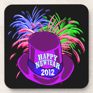 New Year's Hat And Fire Works Square Coasters