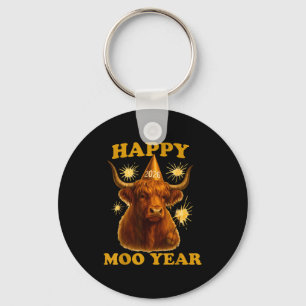 New Years Highland Cow Scottish Nye Party Farm Ani Keychain