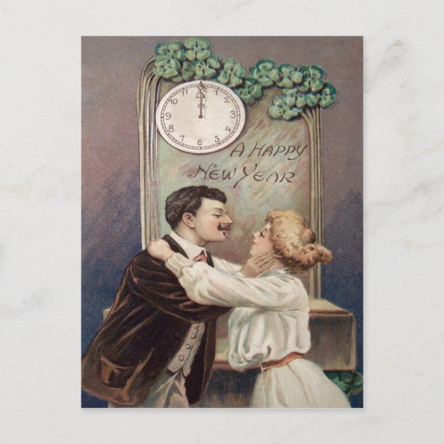 New Year's Kiss Four Leaf Clover Clock Holiday Postcard (Front)