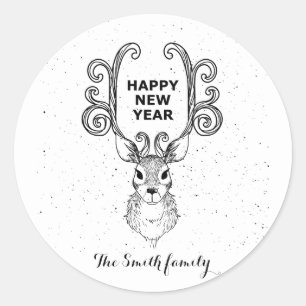 New Year's magic black and white reindeer Square S Classic Round Sticker