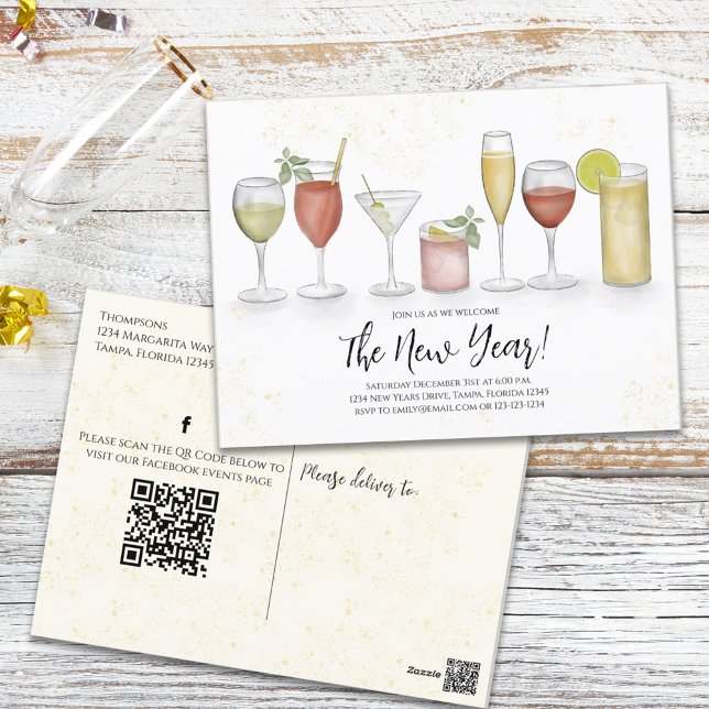 New Years Party Cocktail Drinks QR Code Events  Postcard (Creator Uploaded)