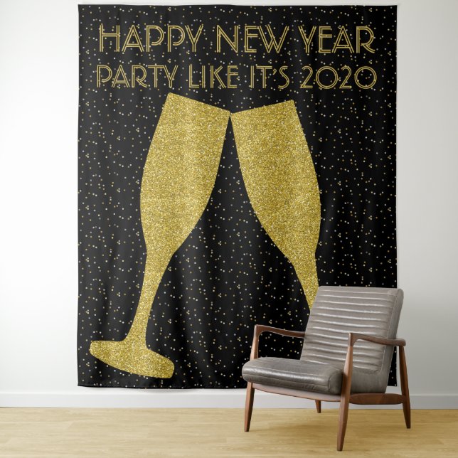 New Years Party Glitter Champagne Photo Backdrop Tapestry (In Situ)